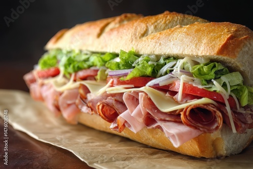 A tasty sub sandwich with meats greens and cheese on a bun