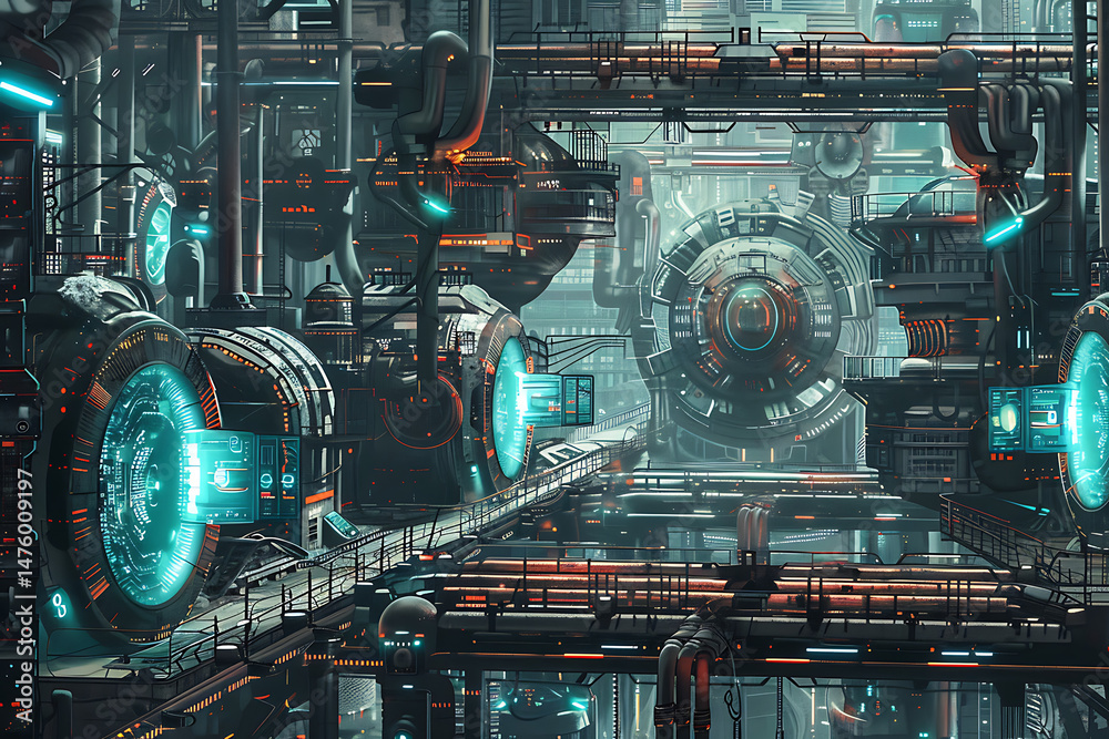 Fototapeta premium Futuristic Industrial Machinery with Glowing Blue Accents