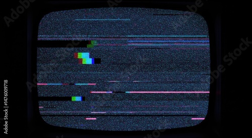 Glitchy Vintage Television Screen Displaying Static Noise with Colorful Distortion Patterns photo
