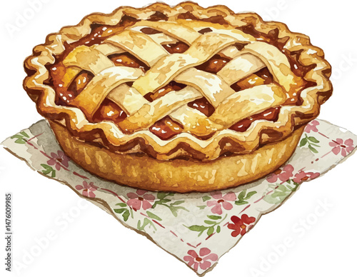 Watercolor Apple Pie with Lattice Crust on Floral Napkin
