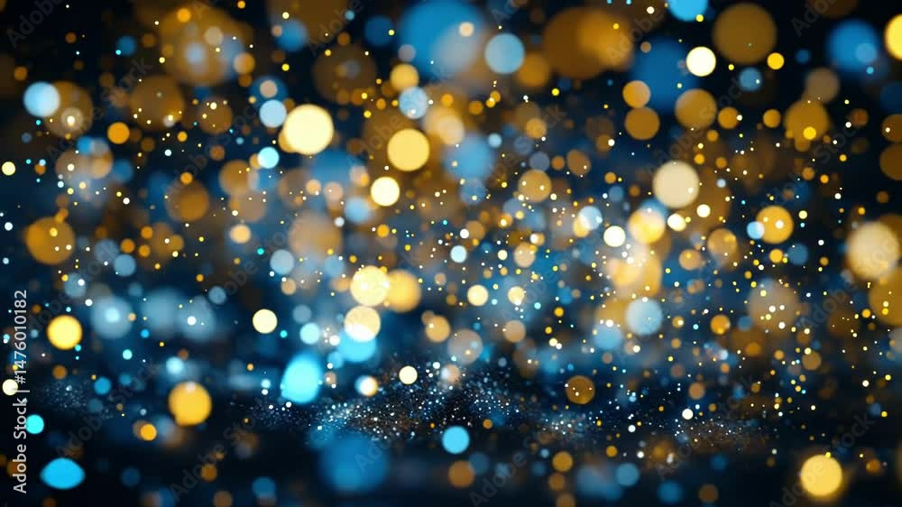 Abstract blue and gold bokeh background, shimmering particles, festive mood.