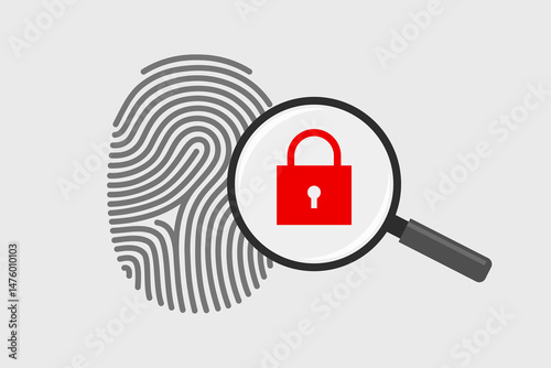 Fingerprint and magnifying glass with lock icon, biometric data safety