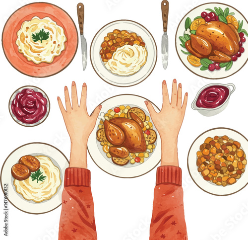 Top View Thanksgiving Dinner Table with Hands Reaching for Food Watercolor