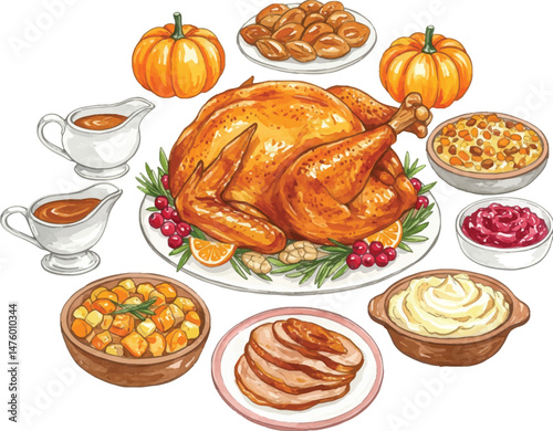 Thanksgiving Dinner with Roasted Turkey and Festive Sides