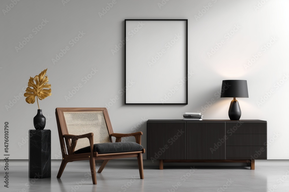 Fototapeta premium Flat Wall Mockup – White Wall with Black Framed Poster, Wooden Armchair and Modern Decor 