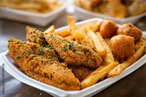 A white tray holds battered fried catfish fries and hush puppies set against a blurred brown table
