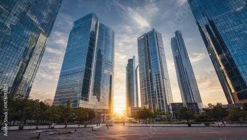 Modern city skyline with towering glass skyscrapers reflecting the golden sunset, creating a stunning urban landscape with contemporary architecture, green spaces, and a business district atmosphere.
