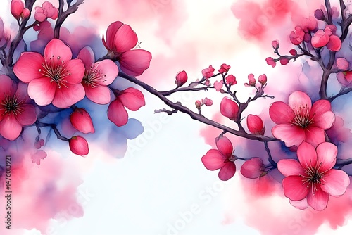 Beautiful pink cherry blossoms gracefully adorn the branches in the artwork