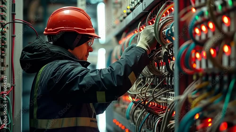 Electrician works on control panels in industrial setting with bright lights and complex wiring