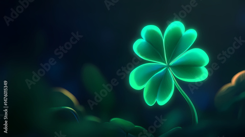 A vibrant green four-leaf clover symbolizing luck against a dark background, featuring a neon glow that enhances its visibility. [Neon Folklore] | FlickerTale Bloom | synthetic story. Illustration