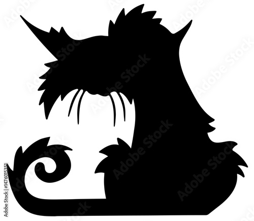 Silhouette of black Halloween street cat with bushy fur and curled tail. spooky feline, mystery, superstition, festive night, used in Halloween decor