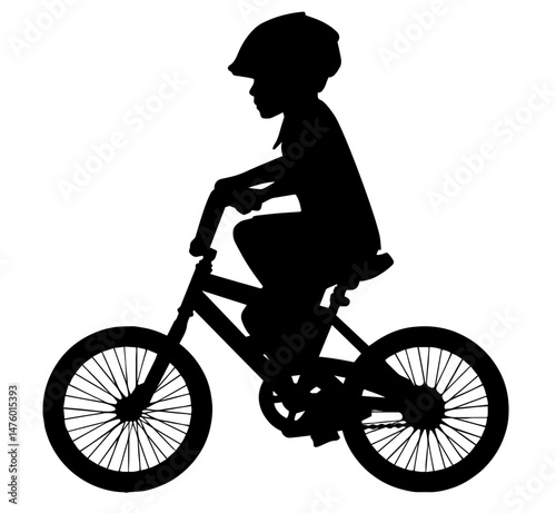 Silhouette of a Child Riding a Bicycle with Helmet, Learning to Ride Independently. Growth, Confidence, Activity. Parenting, Childhood Development, Educational Materials, Recreational.