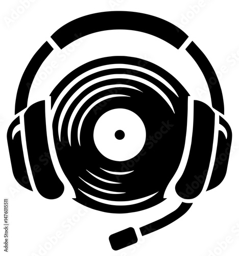 Silhouette of Vinyl Record with Headphones and Microphone, Representing DJ Culture, Music, Audio Communication. Music, Podcast, Broadcasting or Sound.