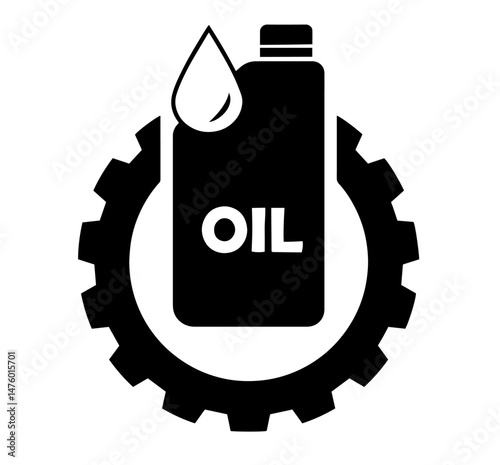 Motor Oil Bottle with Droplet and Gear. Lubrication, Automotive Maintenance, Engineering, Mechanical Industry. Car Service Branding, Technical Manuals, Industrial.