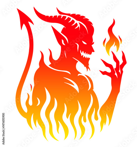Fiery Demon Silhouette with Horns, Tail, and Flame in Hand, Flames in Red and Orange Gradient. Hell, Evil, Power, Infernal Mythology. 