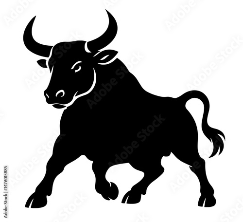 Silhouette of a Powerful Bull Standing in Aggressive Stance, with Curved Horns, Muscular Build.Strength, Determination, Courage, Finance (Bull Market). Sports Mascots, Agricultural, Financial.