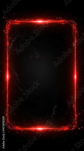 Neon red rectangular frame against dark gradient cosmic backdrop, with shining glares and particles