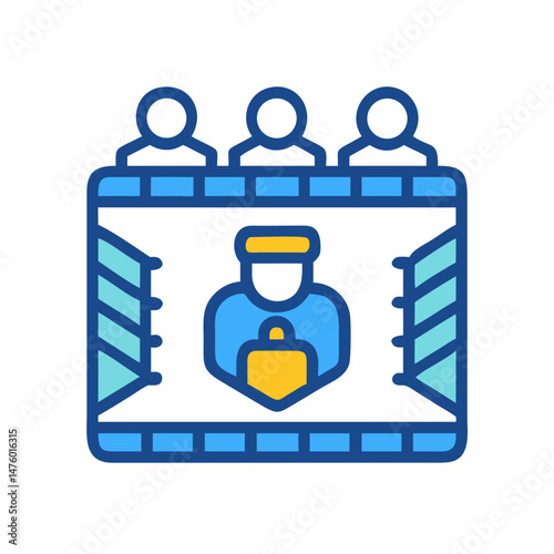 Stylized courtroom scene with judge jury and defendant illustration