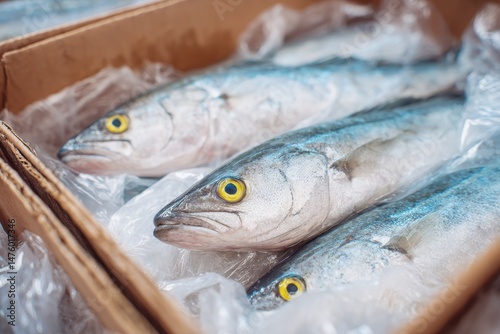 Boxed frozen longtail hake fish packaged with plastic film ready for sale after initial processing Close up