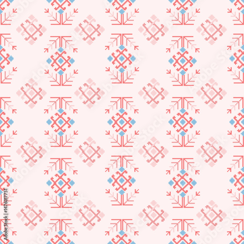 Traditional Ukrainian cross-stitch Detailed vector Illustration for textile printing design, on pixels pastel colors tones