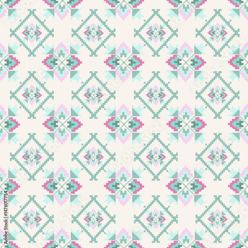 Traditional Ukrainian cross-stitch Detailed vector Illustration for textile printing design, on pixels pastel colors tones