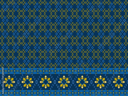 Traditional Ukrainian cross-stitch
Detailed vector Illustration for textile printing design, on pixels blue tones