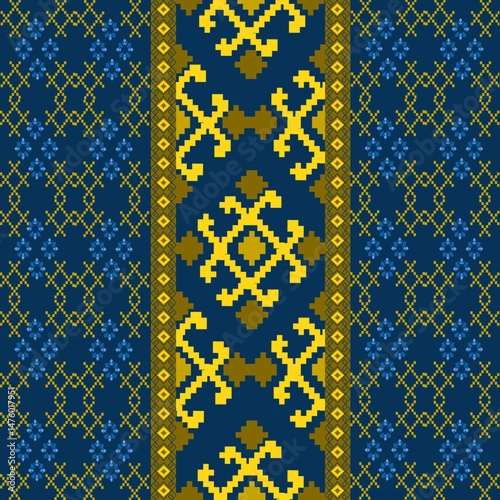 Traditional Ukrainian cross-stitch
Detailed vector Illustration for textile printing design, on pixels blue tones