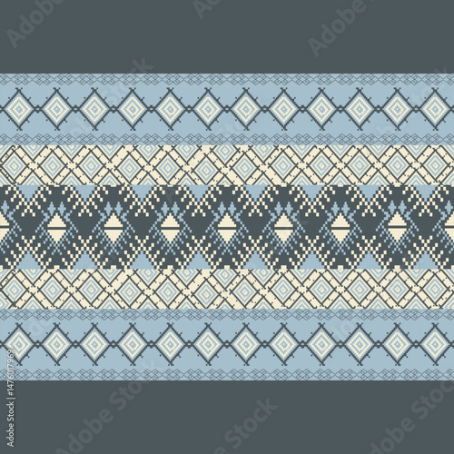 Traditional Ukrainian cross-stitch Detailed vector Illustration for textile printing design, on pixels blue tones