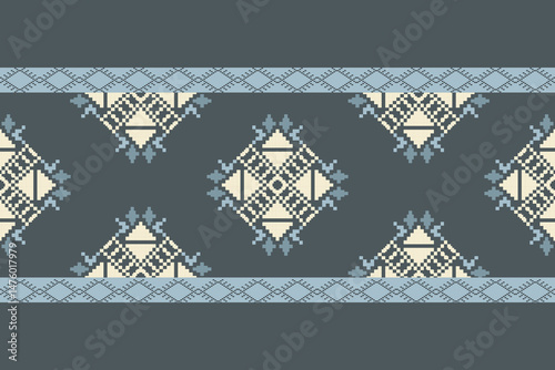 Traditional Ukrainian cross-stitch Detailed vector Illustration for textile printing design, on pixels blue tones