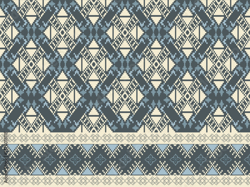 Traditional Ukrainian cross-stitch Detailed vector Illustration for textile printing design, on pixels blue tones