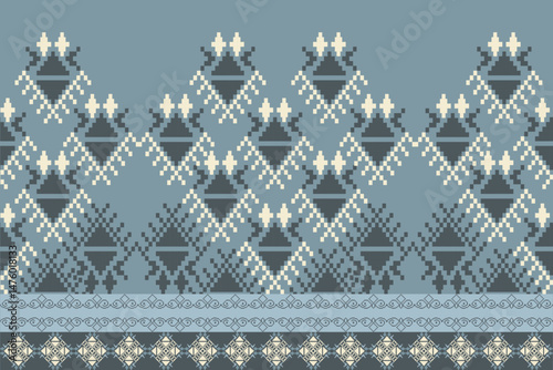 Traditional Ukrainian cross-stitch Detailed vector Illustration for textile printing design, on pixels blue tones