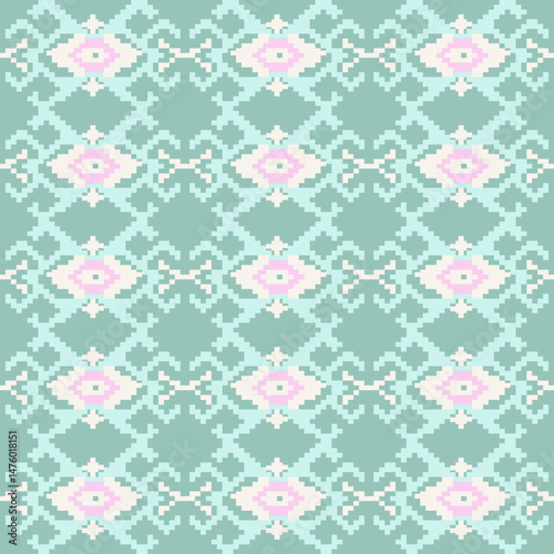 Traditional Ukrainian cross-stitch Detailed vector Illustration for textile printing design, on pixels pastel colors tones