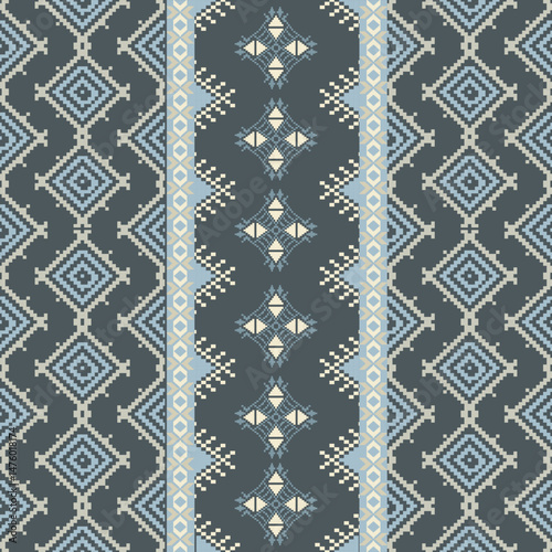 Traditional Ukrainian cross-stitch Detailed vector Illustration for textile printing design, on pixels blue tones