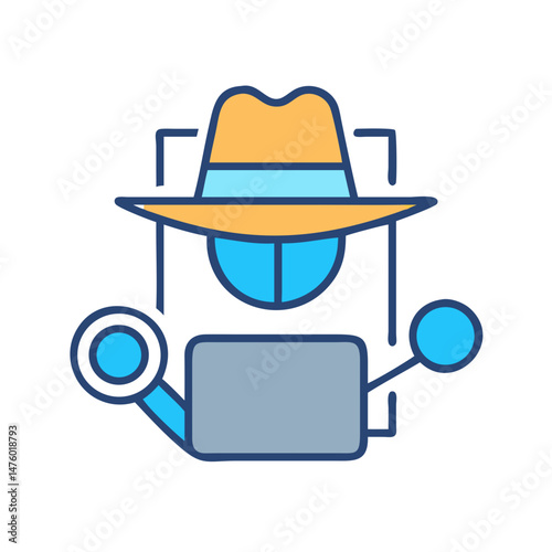 Stylized vector icon of a hacker using computer