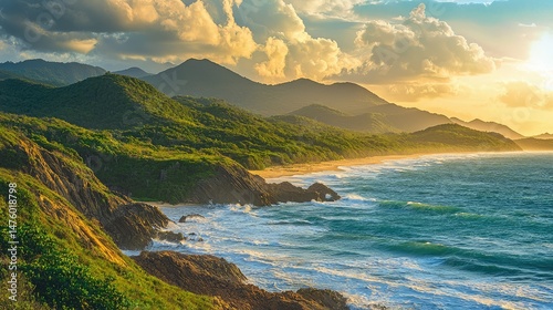 A vibrant landscape of green mountains and coastal cliffs on PrÃ­ncipe Island, with the sun casting a golden hue over the waves crashing on the shore. photo