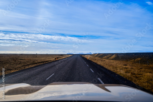 View of countryside of Iceland raod from car inside for roadtrip travel in iceland.
