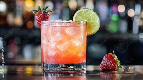 A vibrant pink strawberry margarita with tequila and triple sec ingredients visible on a bar table, with a lime and strawberry garnish on the glass.