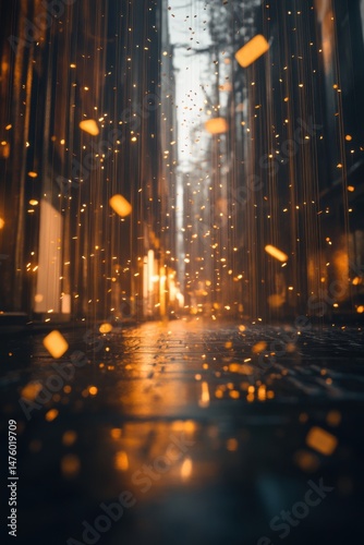 Abstract urban scene of falling golden particles in narrow street with wet pavement in cinematic style