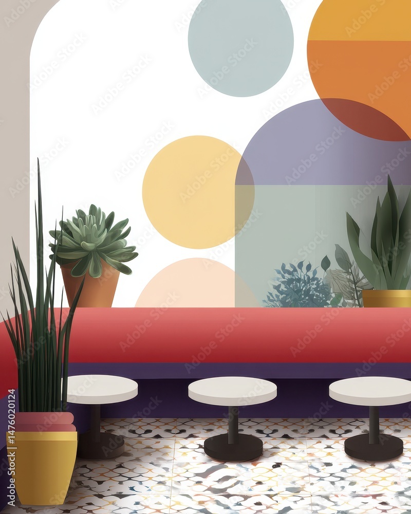 Fototapeta premium Cozy Cafe Interior with Stylish Seating and Decorative Plants