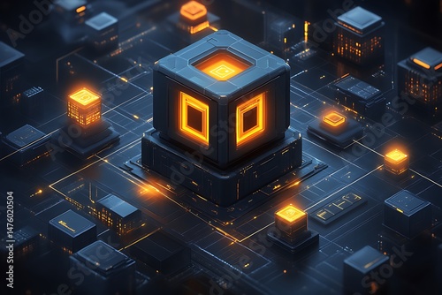 Futuristic and abstract circuit board design with glowing components present