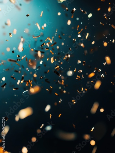 Golden confetti falling against a dark teal background creating a celebratory festive atmosphere abstract close up