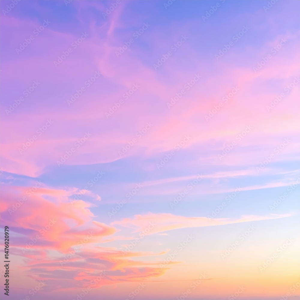 Obraz premium A serene pink sky at dusk, adorned with fluffy white clouds, casting a warm glow over the horizon, creating a tranquil and dreamy atmosphere.