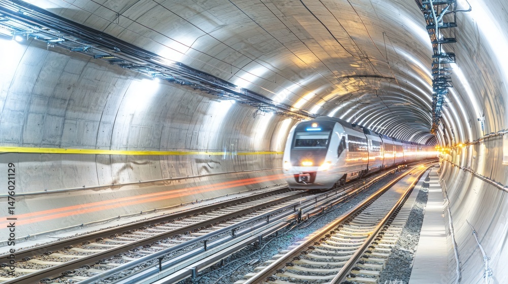 Fototapeta premium Modern train moving through a long, concrete tunnel.