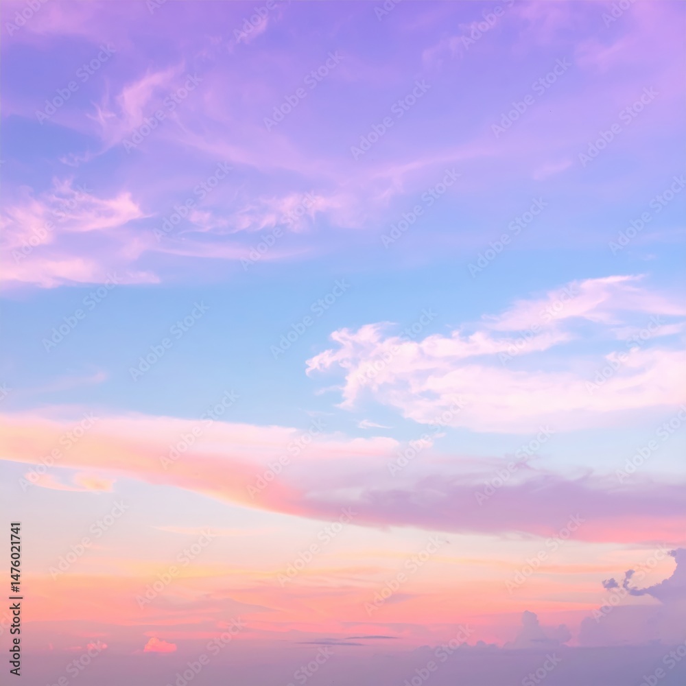 Fototapeta premium A breathtaking pink sky at dusk, adorned with fluffy white clouds, casting a warm glow over the horizon, creating a serene and dreamy atmosphere.