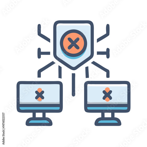 Computer network security breach icon with computers and shield