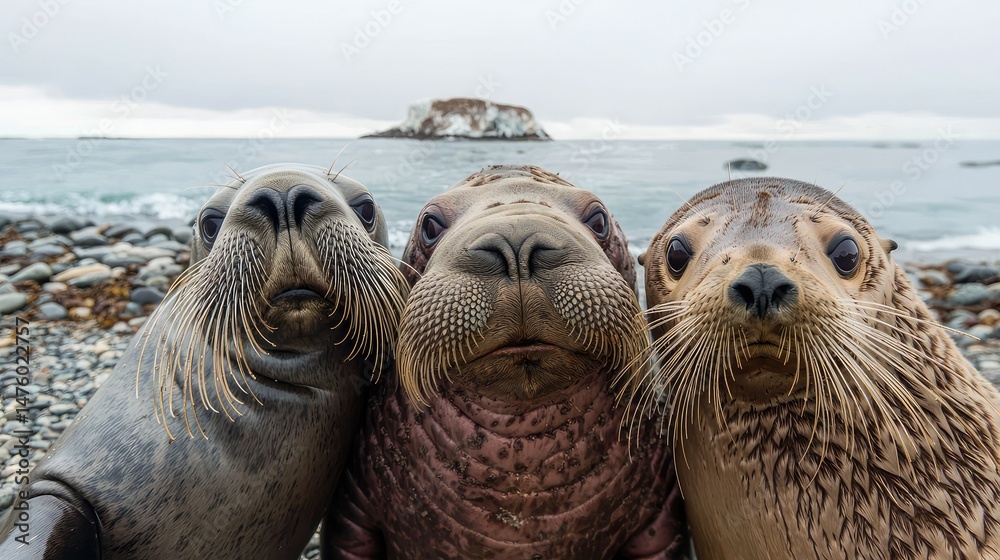 Obraz premium A walrus, a sea lion, and an otter all squeezed into the frame for a funny selfie.