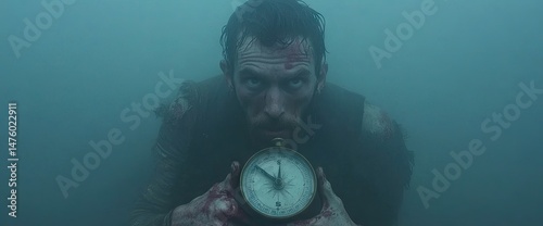 Lost Man holds compass in fog. Bloody hands, desperate gaze, searching direction