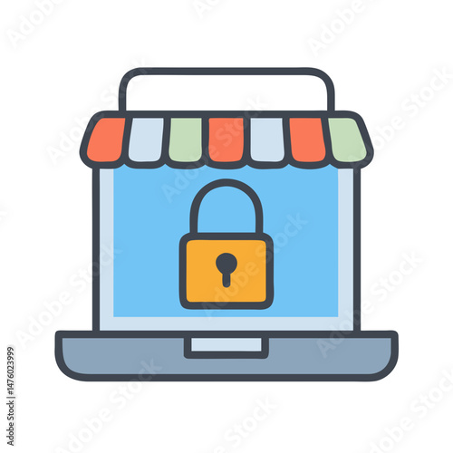 Secure online shopping on laptop with striped awning top