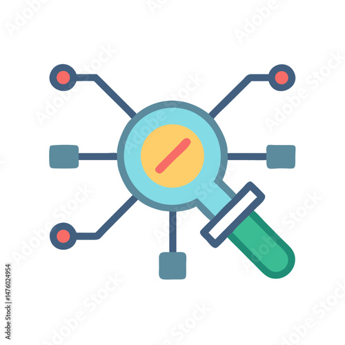 Data Analysis Magnifying Glass Connecting to Network System Nodes