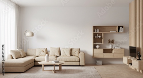 Modern Living Room Interior Design with Brown Leather Chair, Beige Sofa and Wooden Wall Panels - 3D Illustration	